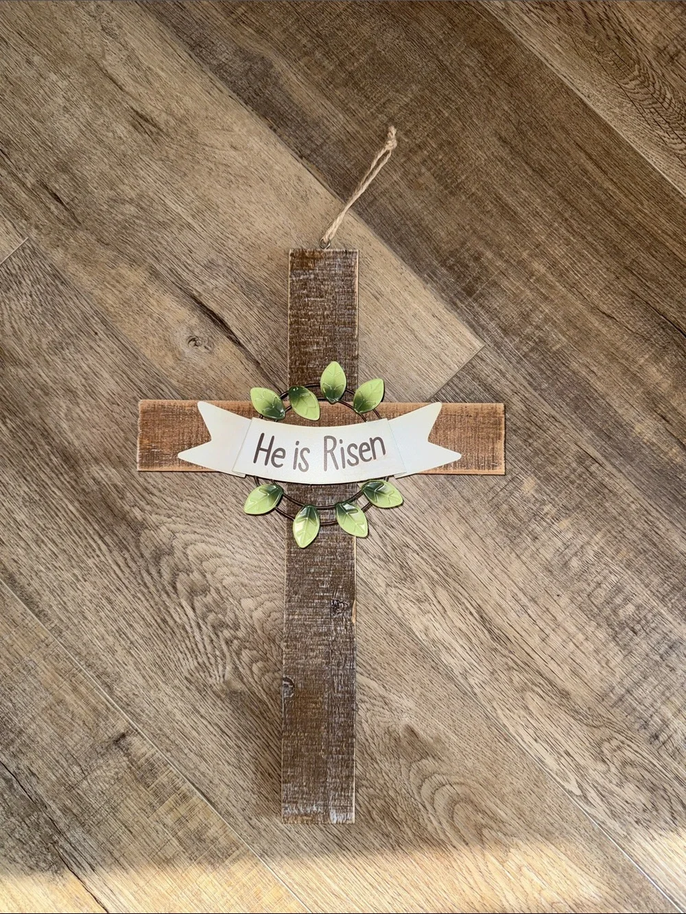 He Is Risen Wooden Cross Wall Decor with Green Leaves
